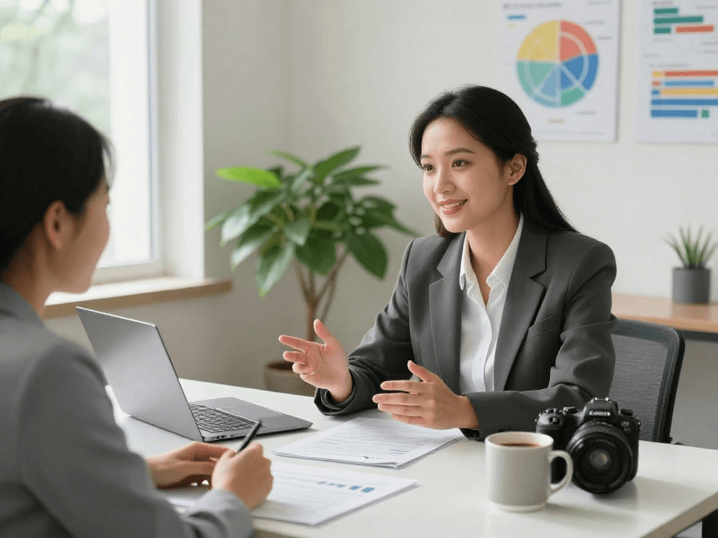 Financial advisor discussing debt consolidation options with a client in a bright home office.