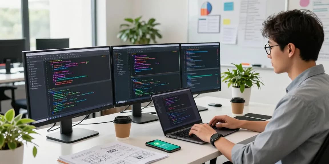 Developer at modern workspace coding WhatsApp下載 on multiple screens, coffee and plants enhancing the tech atmosphere.
