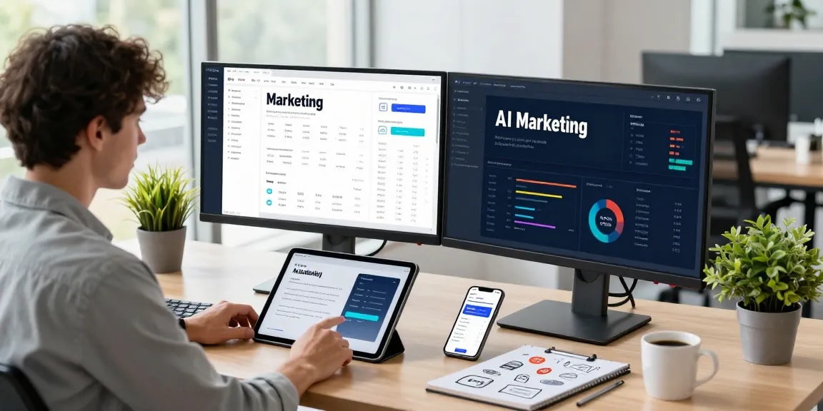 Marketer engaging with advanced AI marketing tools on dual monitors in a vibrant, creative office.