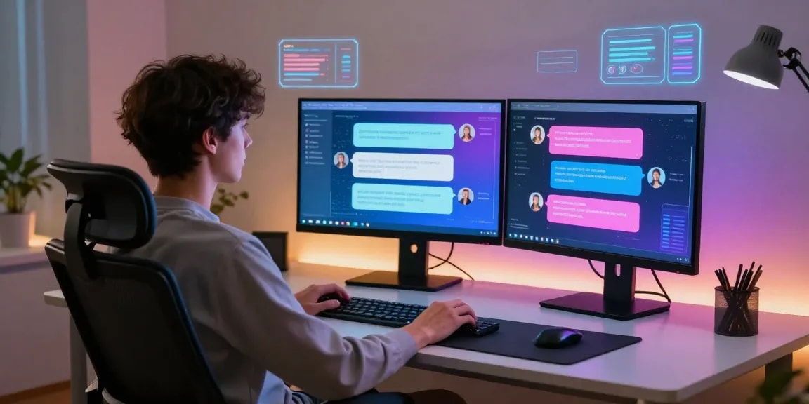 Engaging ai porn chat experience with a virtual assistant in a modern digital workspace.