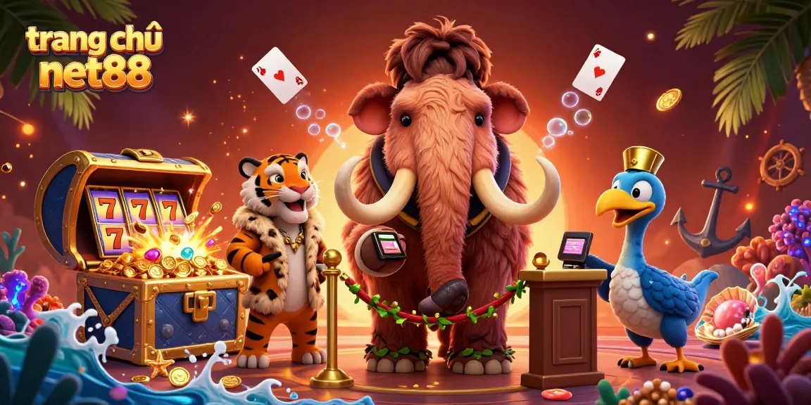 Experience excitement at trang chủ net88 with a friendly mammoth bouncer and a VIP saber-tooth guest in a dynamic casino scene.