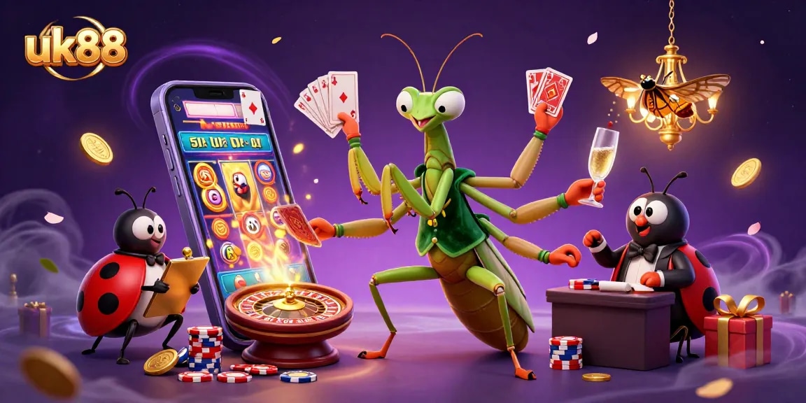 uk88 casino scene featuring a giant praying mantis card sharp dealing cards, vivid game elements, and dynamic atmosphere