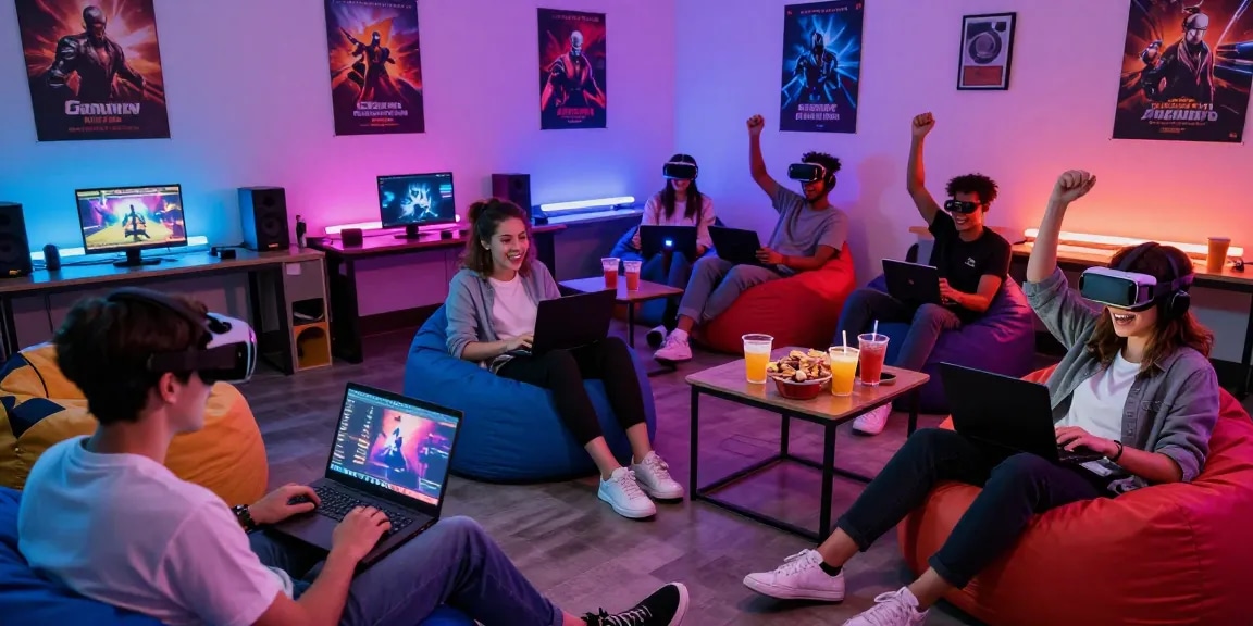 Engaged gamers playing interactive porngame in vibrant lounge, diverse group enjoying games together.