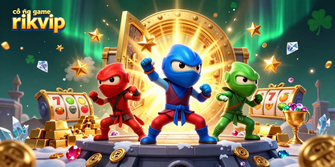 Engage with cổng game rikvip while enjoying a thrilling 3D casino adventure illustrated with vibrant characters and sparkling gems.