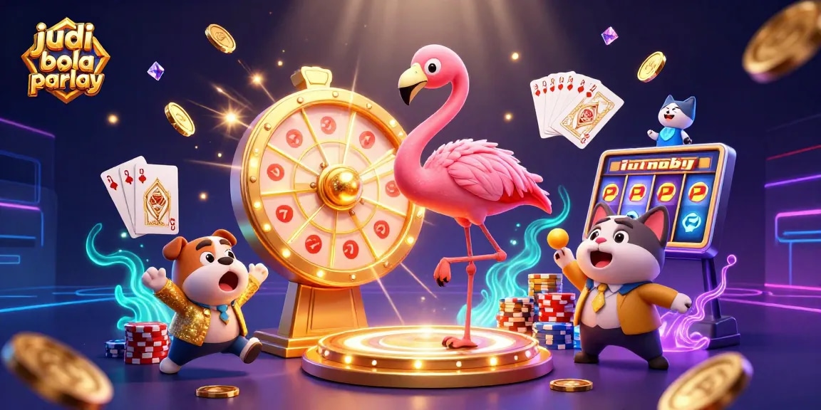 Engage in exciting judi bola parlay betting with dynamic visuals of vibrant casino elements and characters.