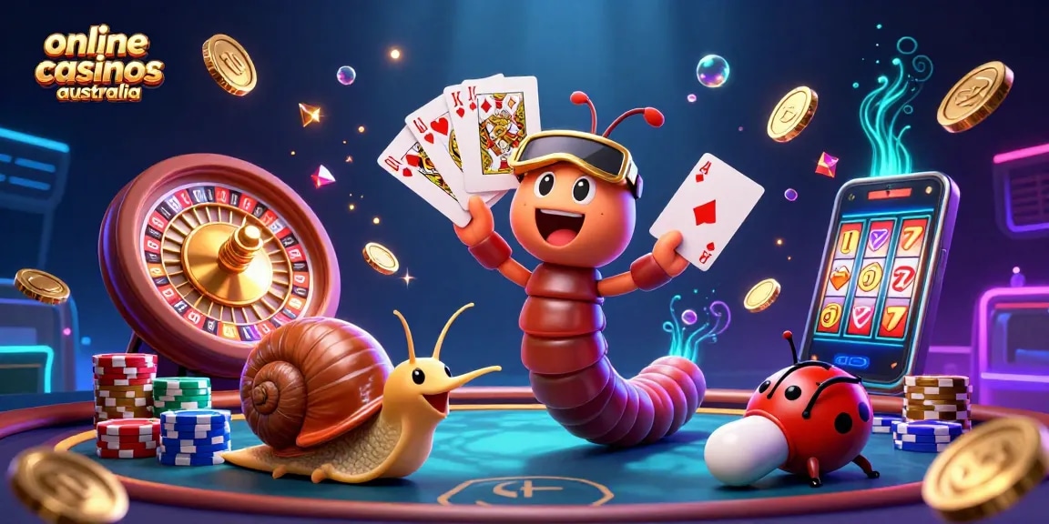 Experience thrilling games at online casinos australia with a vibrant scene of a millipede dealer, high-roller snail, and pill bug.