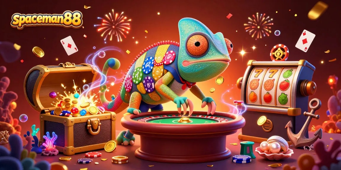 Spaceman88 chameleon casino owner delights players with gold coins and vibrant poker elements.