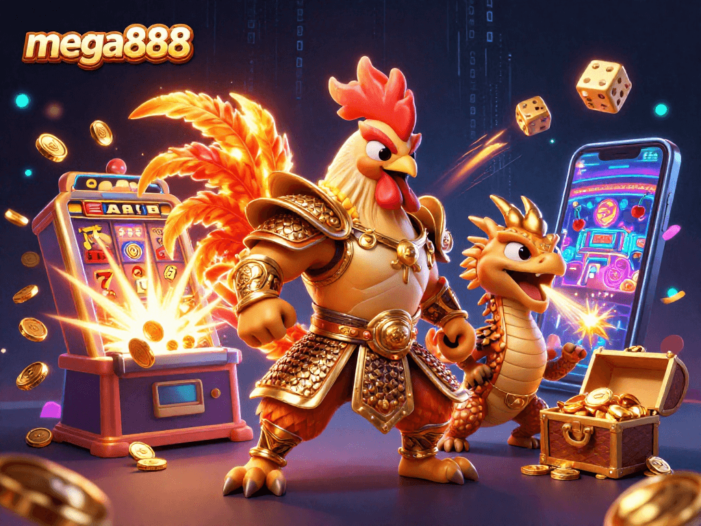 Permainan mega888 dalam ilustrasi 3D dengan pahlawan berperisai, naga, dan simbol jackpot yang memukau.