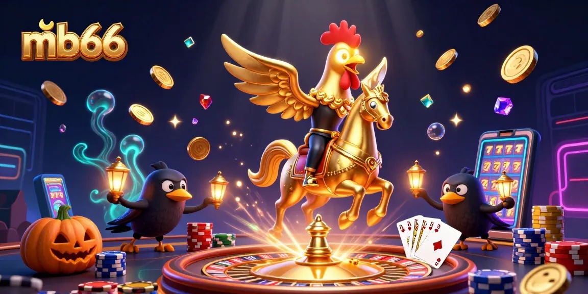 Experience the vibrant nightlife of mb66 casino with golden rooster and themed characters amidst winning symbols.