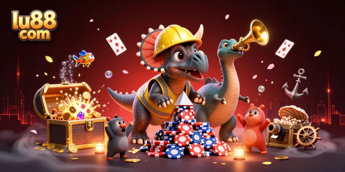 Experience the excitement of lu88 com with a celebratory scene featuring lively dino characters amidst a vibrant casino atmosphere.