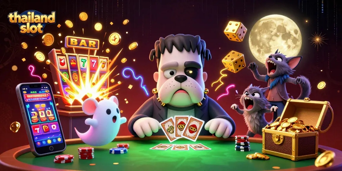 Engage with thailand slot excitement featuring a Frankenstein bulldog monster and a werewolf kitten in a lively casino scene.