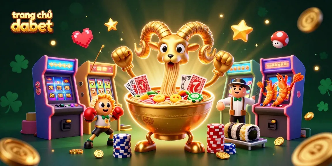 Experience the vibrant scene at trang chủ dabet with a casino-themed illustration featuring a golden ramen bowl and dynamic gaming elements.