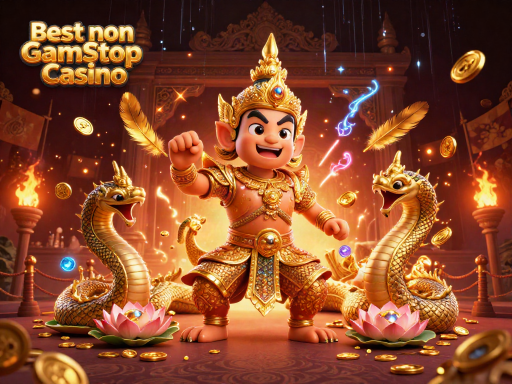 Engage with the Best non Gamstop Casino scene, featuring a guardian and Naga serpents amidst dynamic casino elements.