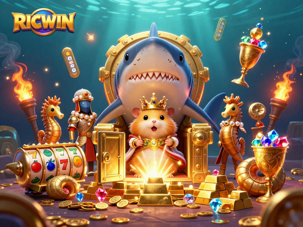 Engage with RICWIN's vivid 3D casino scene featuring a hamster king and treasure bursts.