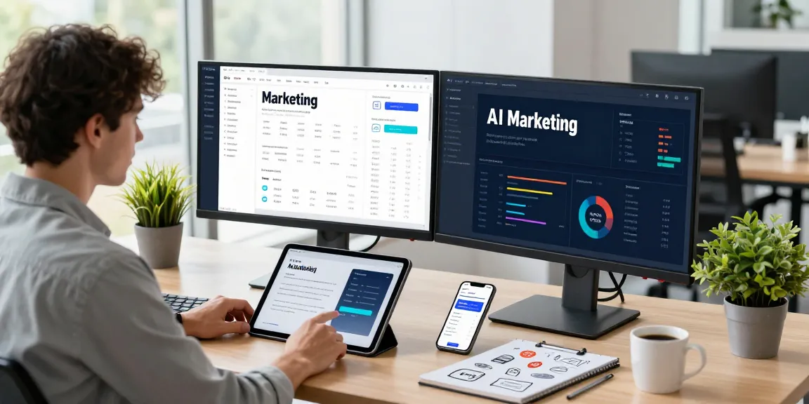 Marketer engaging with advanced AI marketing tools on dual monitors in a vibrant, creative office.