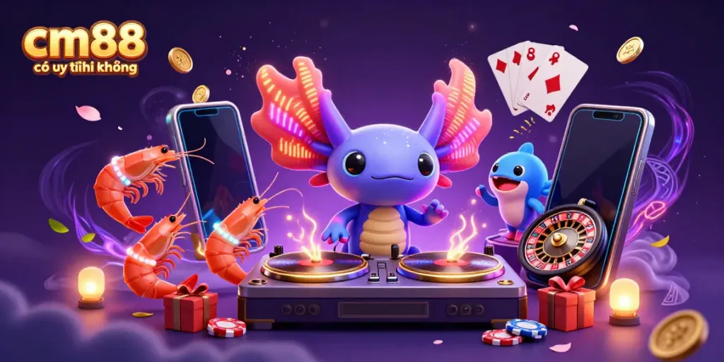 Experience dynamic fun with the vibrant 3D scene, showcasing cm88 có uy tín không alongside exciting casino elements.