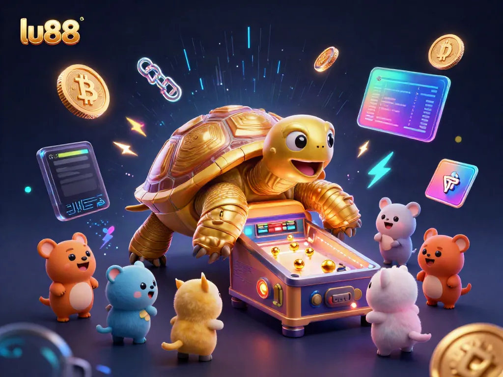 Engage with exciting games and prizes at lu88, featuring a golden tortoise pinball machine and vibrant crypto elements.
