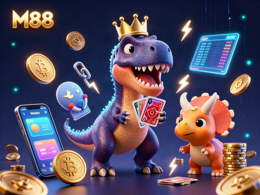 M88 delights with a whimsical scene of T-Rex and friends in a vibrant casino adventure.
