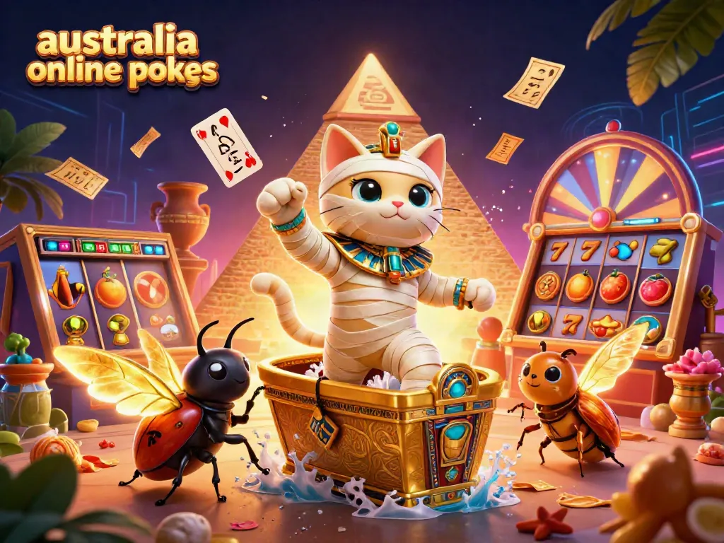Experience thrilling gameplay with australia online pokies in a lively casino scene featuring a mummy cat and golden elements.