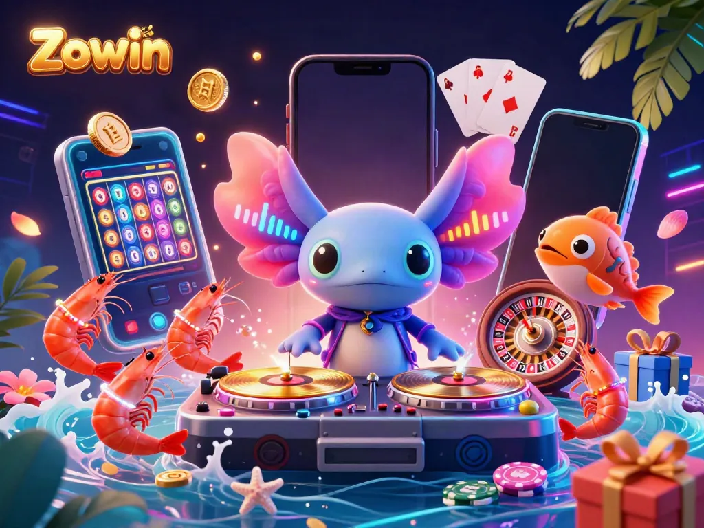 Zowin illustrates a vibrant casino atmosphere with neon characters displaying engaging gaming action.
