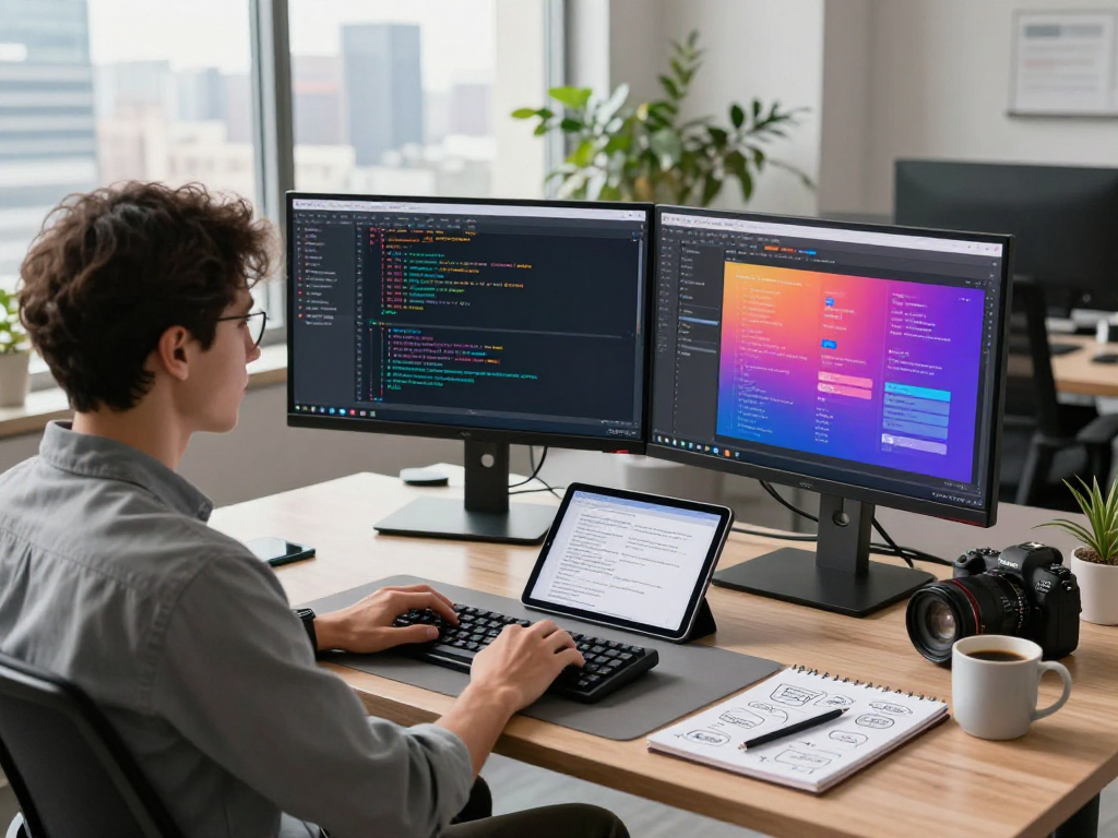 Developer coding with tornardocash on multiple monitors in a modern tech workspace, showcasing innovative software design.