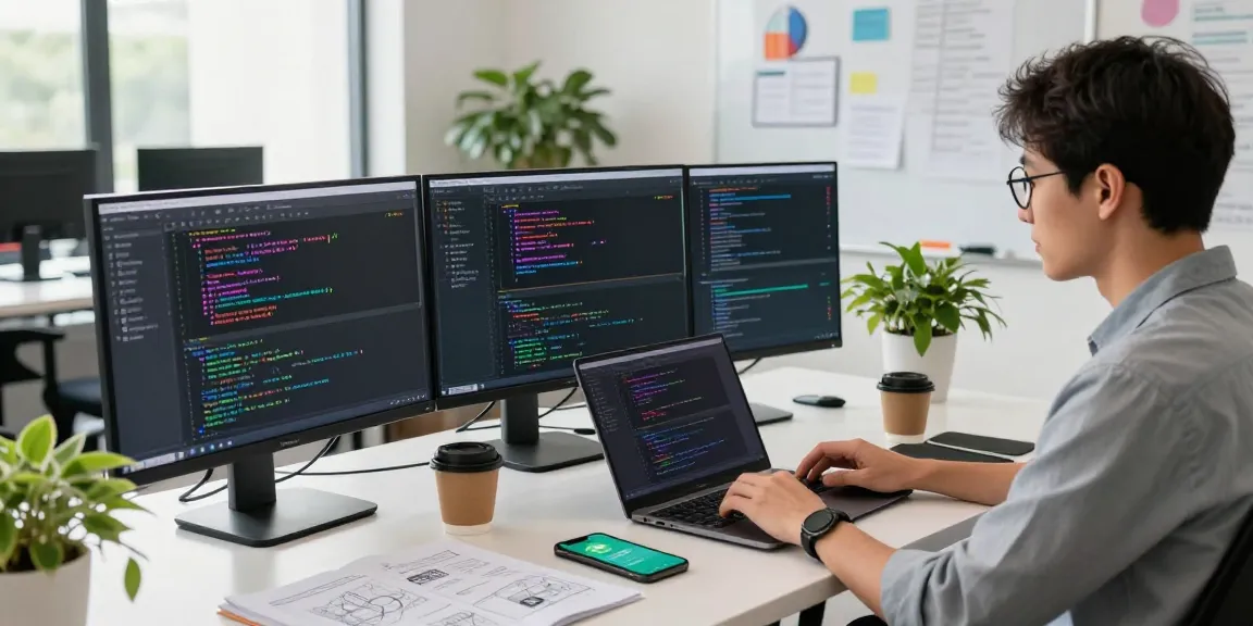 Developer at modern workspace coding WhatsApp下載 on multiple screens, coffee and plants enhancing the tech atmosphere.