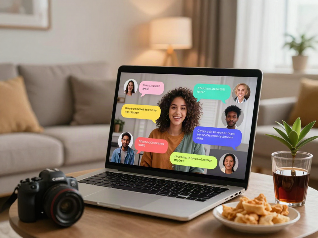 A diverse group enjoying an AI porn chat in a cozy living room, highlighting modern technology and personal connection.