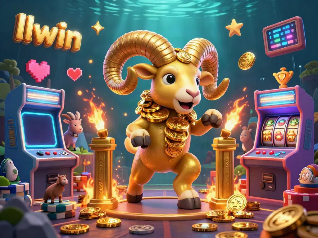 Experience the thrill of gambling with llwin's vibrant gaming scene featuring golden ram and arcade elements.