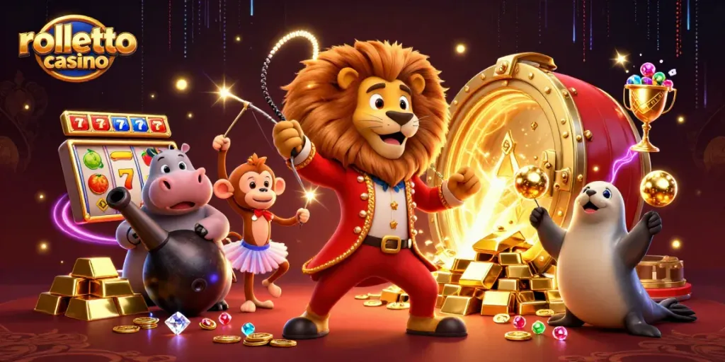 Experience rolletto casino excitement with a dynamic 3D scene of vibrant casino characters and elements.