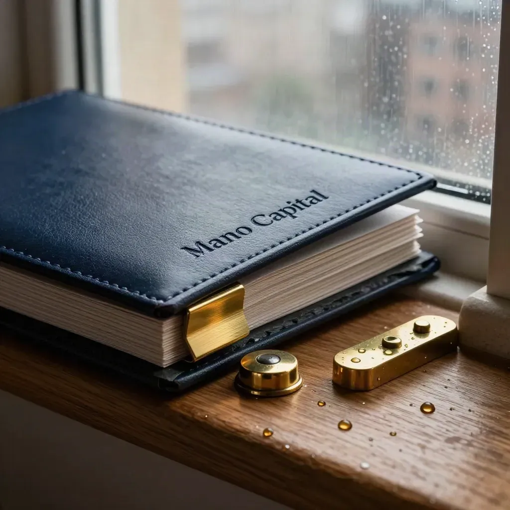 Macro of a navy portfolio folio, brass weight and slate blocks in an oak window alcove after rain.