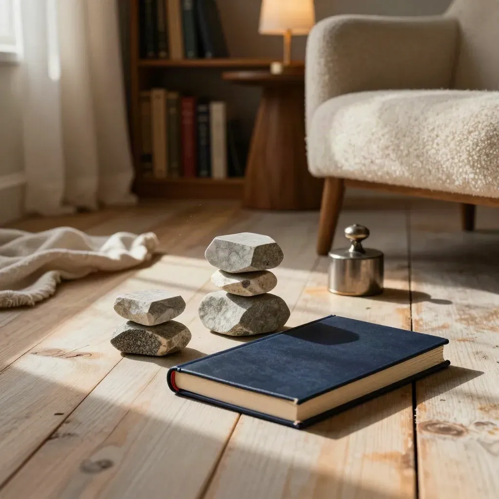 Stone tokens, navy ledger and balance weight in a sunlit home-study corner beside a wool chair.