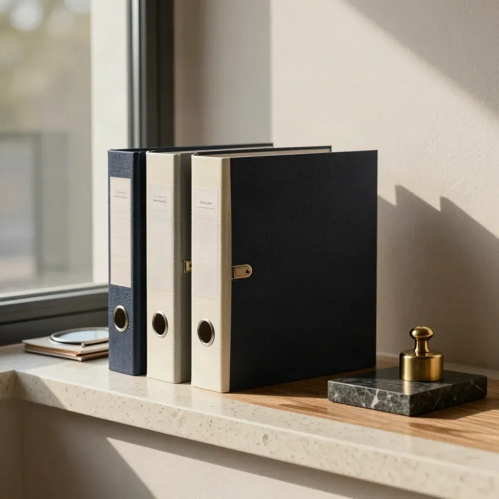 Sealed capital raising pack with binders, brass weight and stone block by a bright window.
