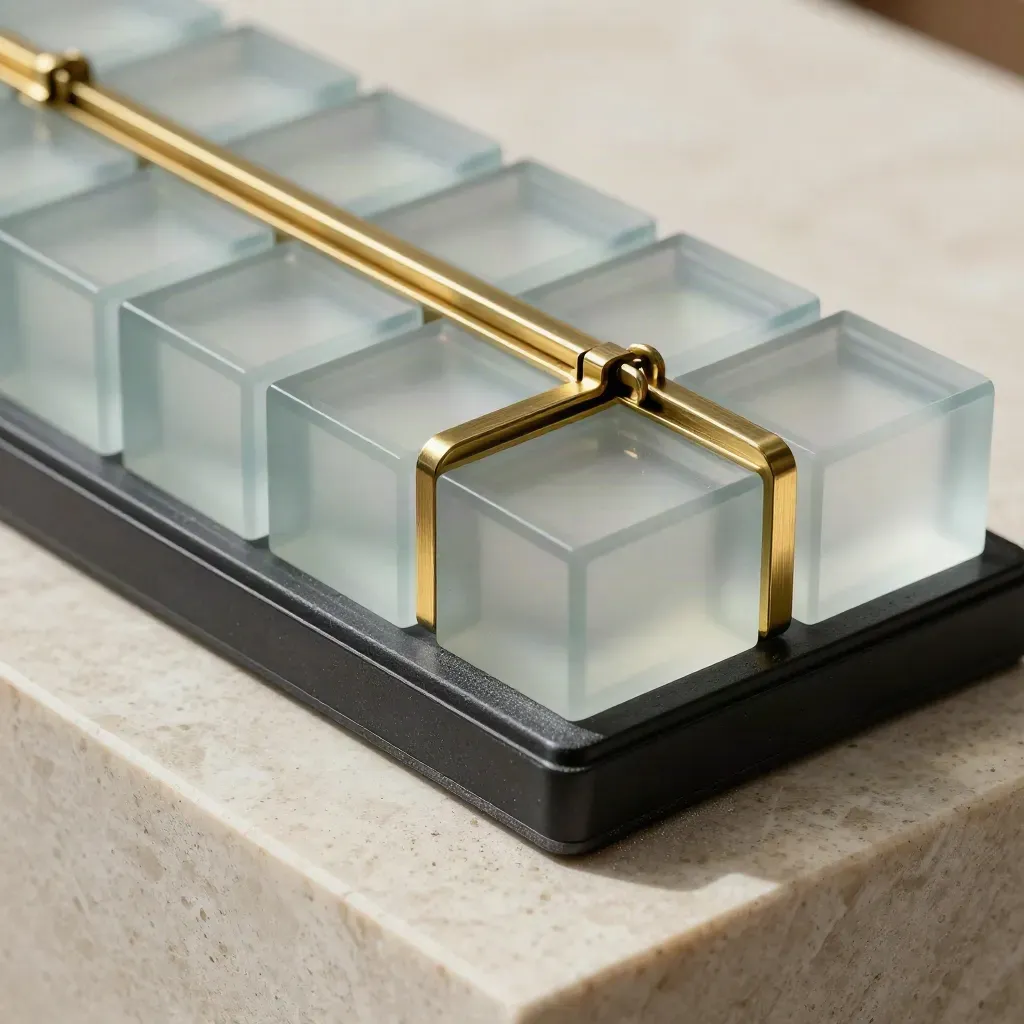 Glass finance model with brass clips on pale stone in soft daylight.