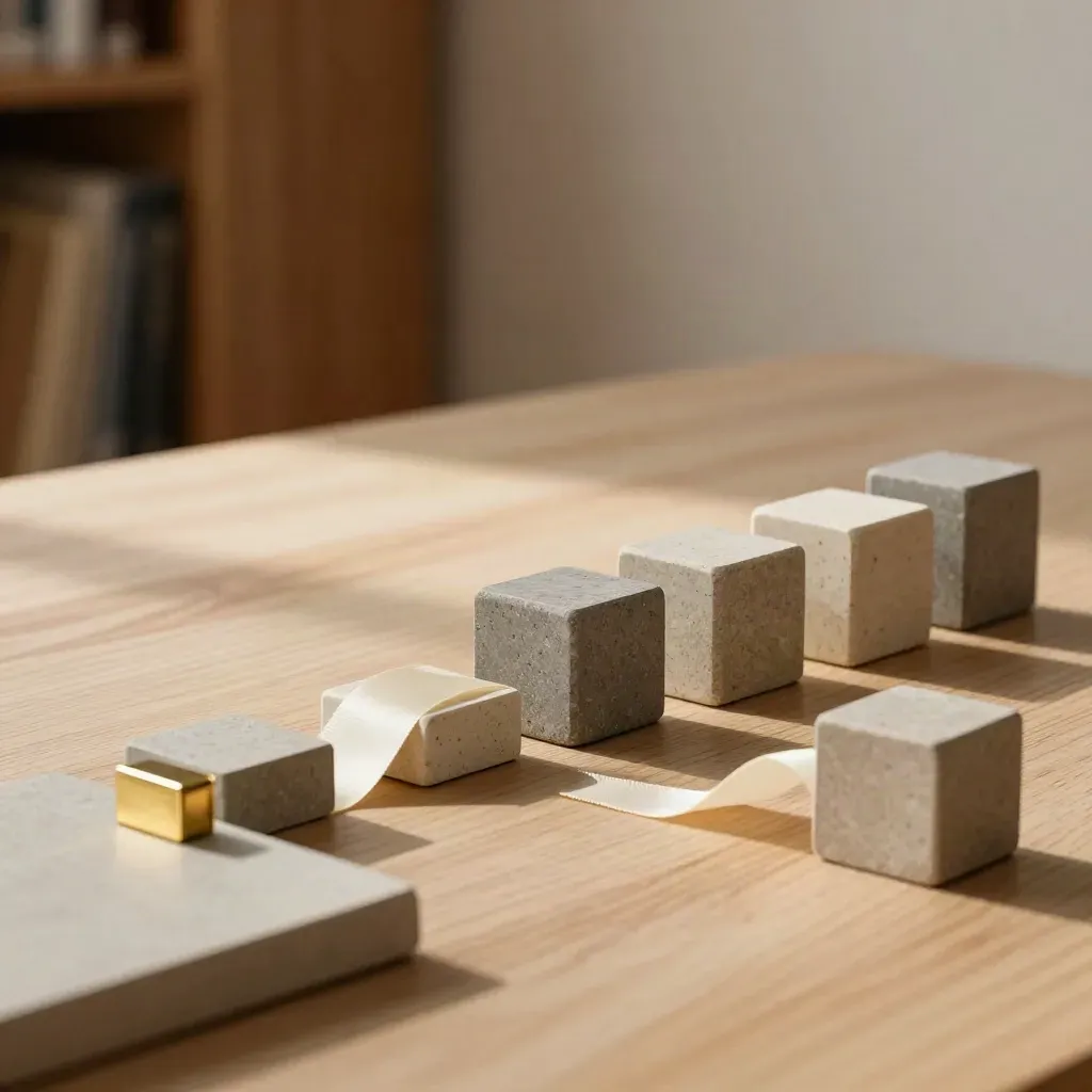 Stone cubes step across oak with a brass marker and cash-flow ribbon in a calm finance scene.
