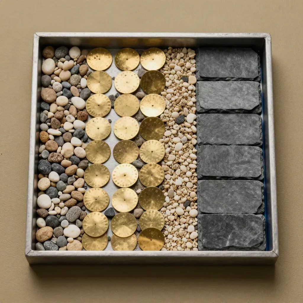 Top-down tray of pebble, brass and slate bands arranged as an asset mix in dramatic light