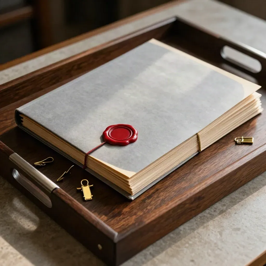 Oak tray with sealed folders, red wax seal, brass clips and steel edge in warm window light.