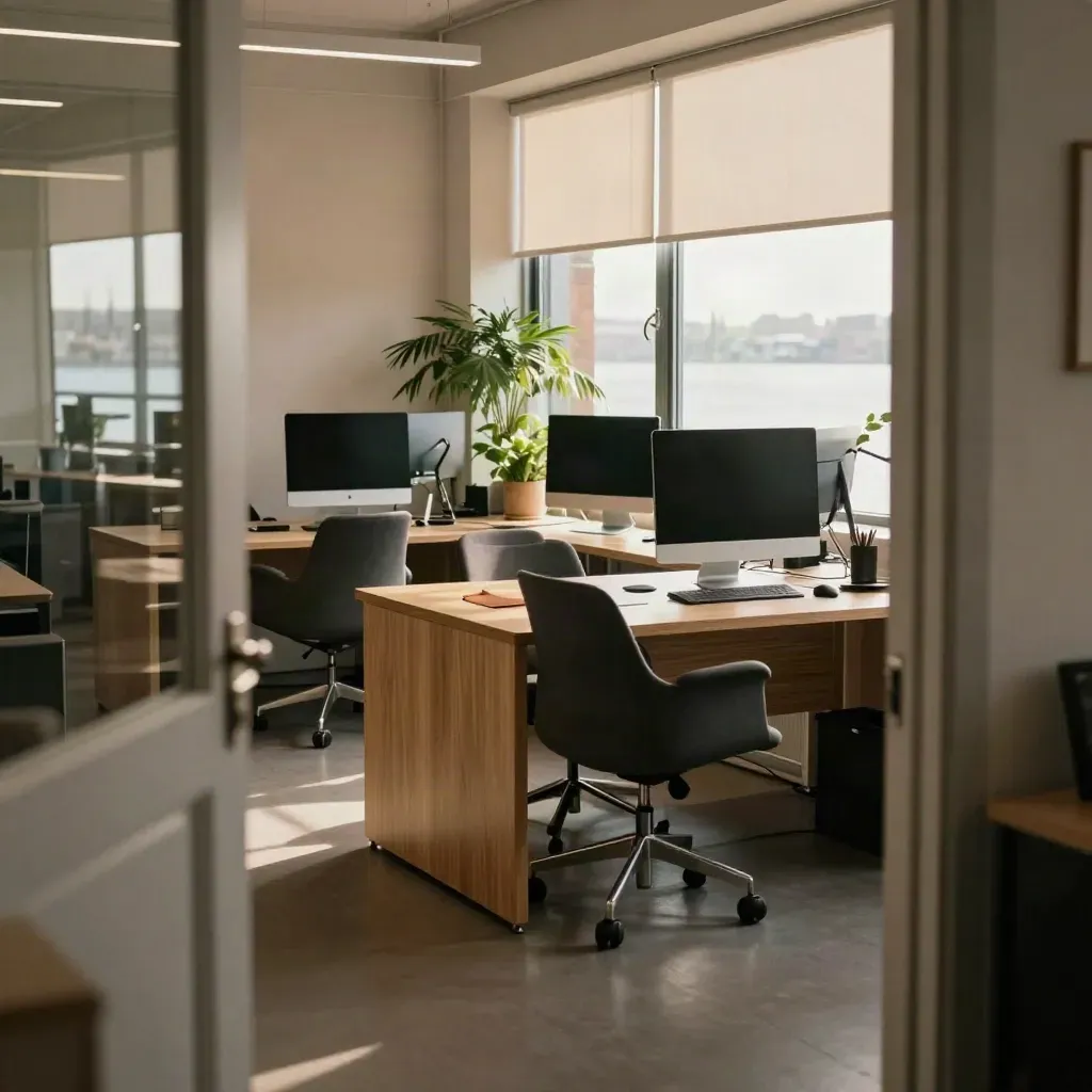 Empty Bristol harbourside startup office with aligned desks, dark monitors, plants and hazy window light.