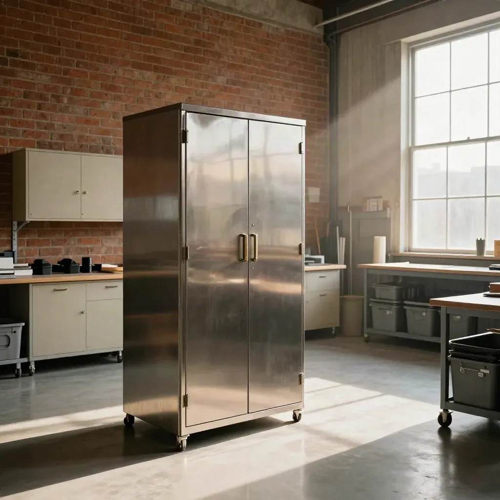 Empty brick workshop office and production bay with neat storage and a polished clear floor.