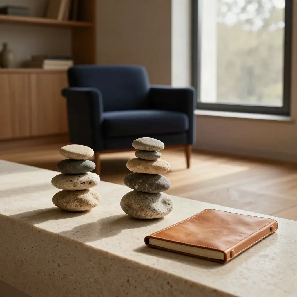 Sunlit home study with stone stacks, leather folio, and navy armchair by the window