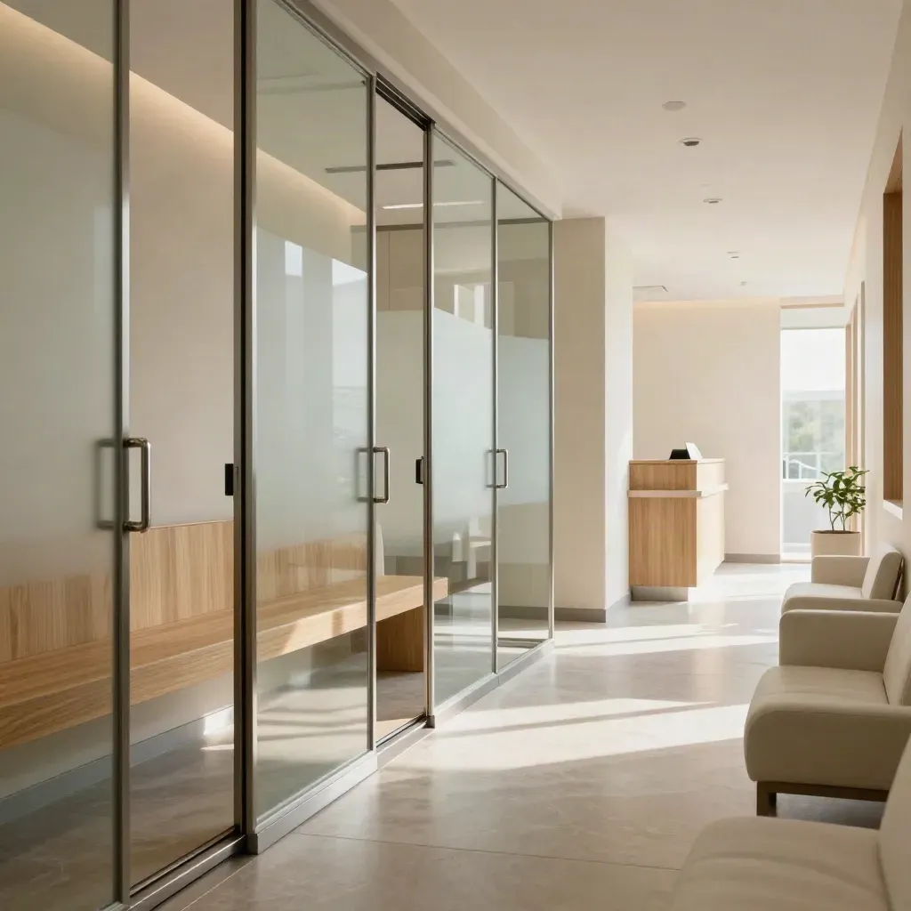 Empty clinic corridor with glass treatment-room doors, pale seating and polished stone floors.