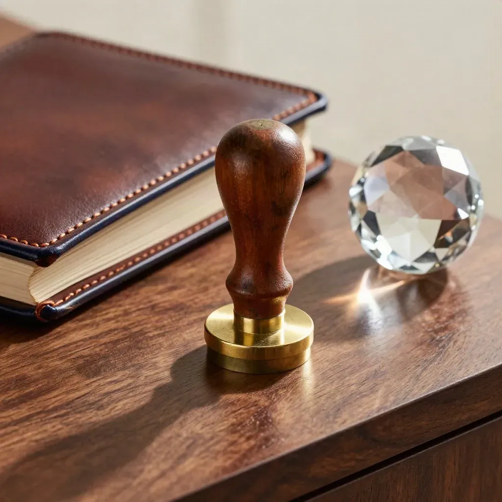 Brass seal stamp, leather portfolio and crystal paperweight on walnut in soft macro light.