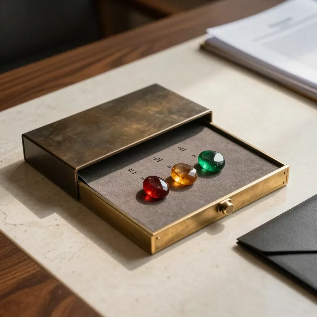 Top-down deal room still life with valuation box and red, amber, green risk stones