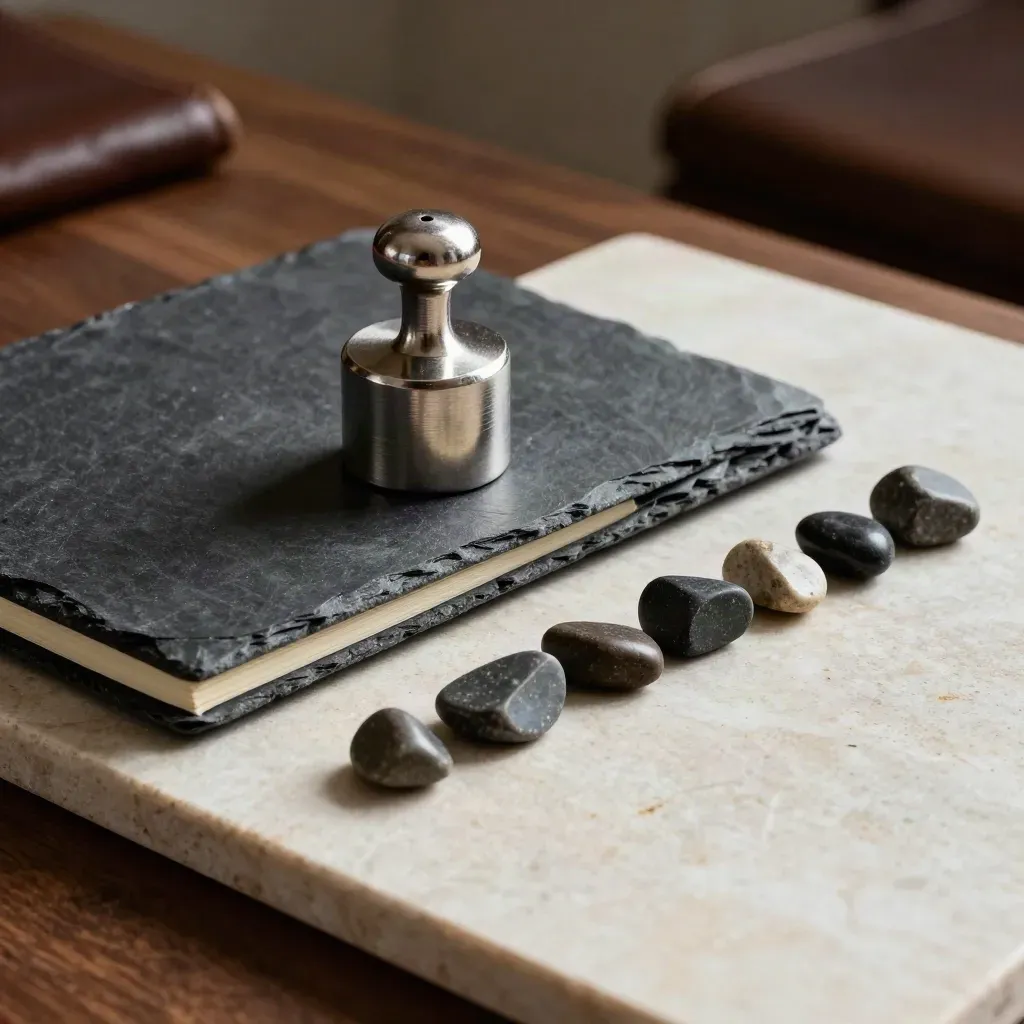 Slate notebook, metal balance weight and dark market stones on pale stone in dramatic finance still life