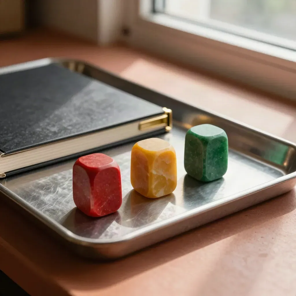 Stone risk markers in red, amber and green beside a charcoal folio on a steel tray, lit by soft daylight.