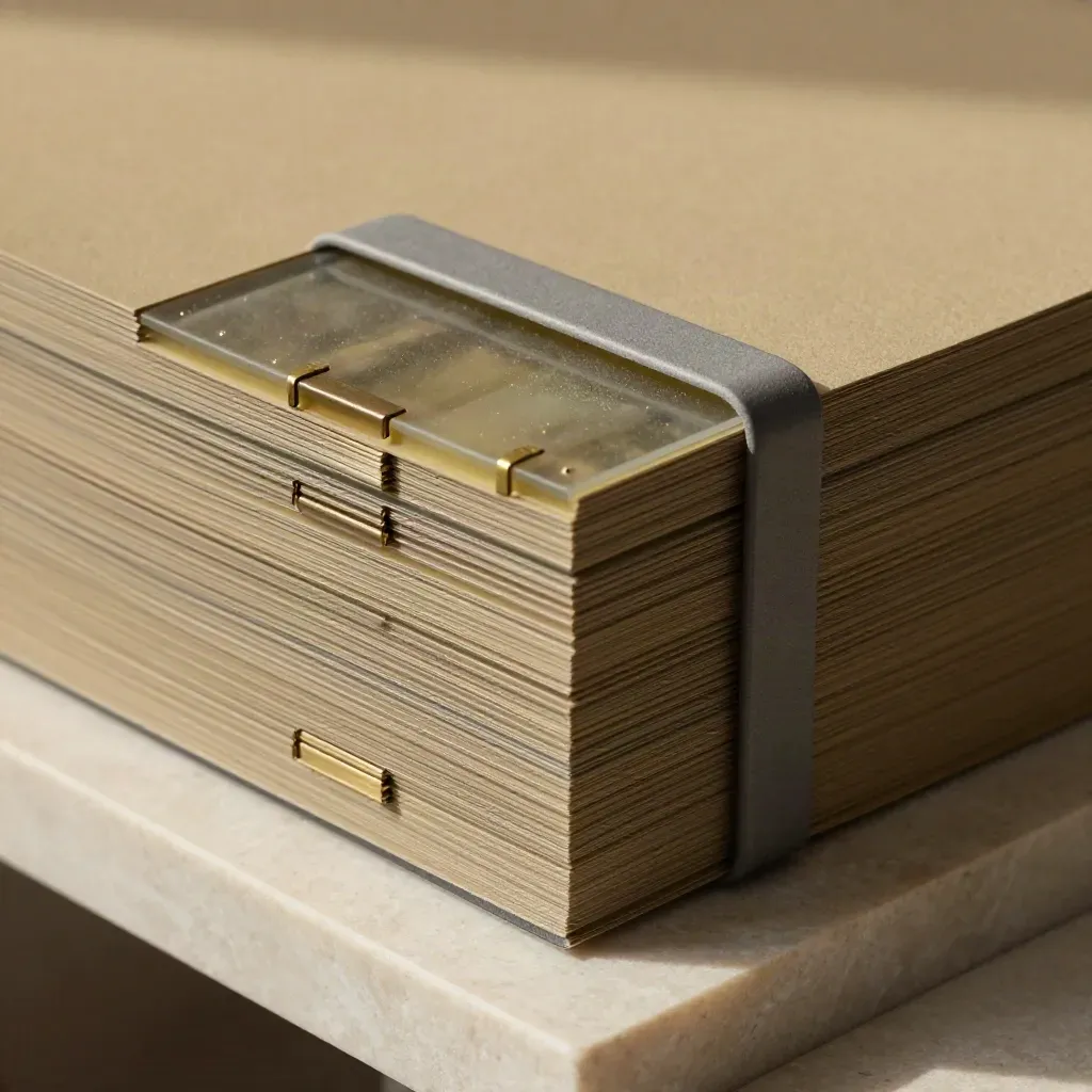 Top-down macro of translucent deal blocks, brass clips and a matte ring on pale limestone.