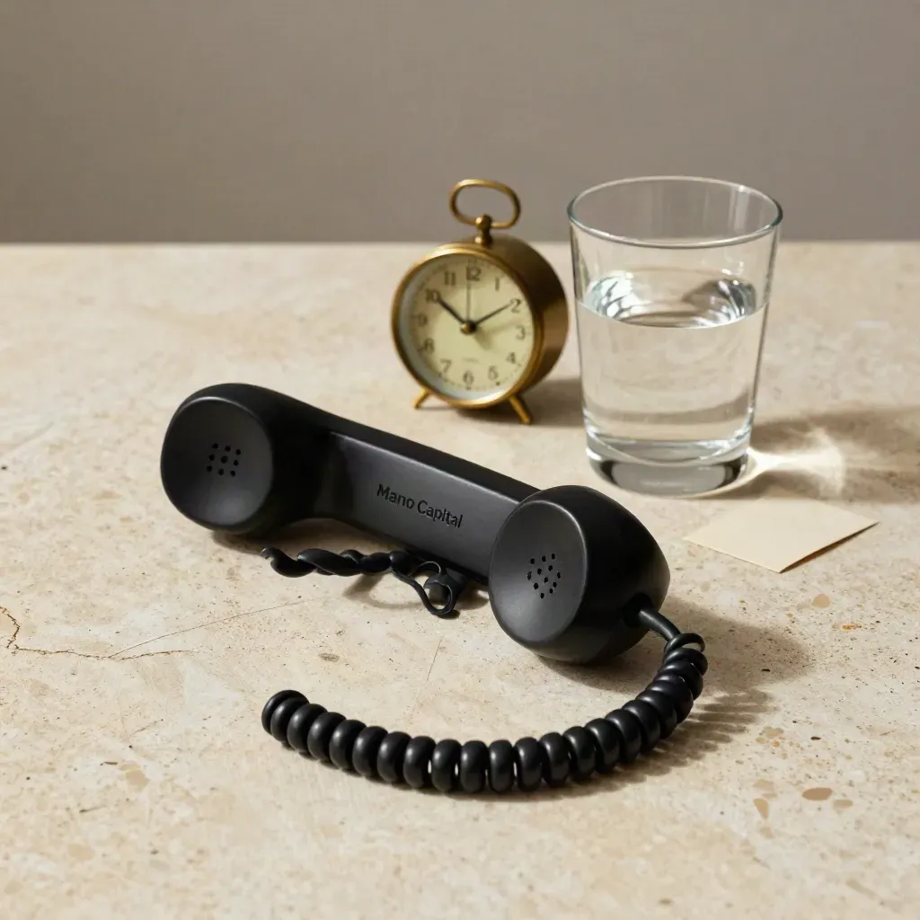 Black handset beside brass clock and water glass on warm stone, soft daylight, square still life.