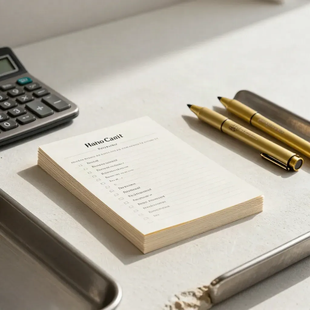Overhead review still life with cream cards, face-down calculator and gold tabs in a steel tray