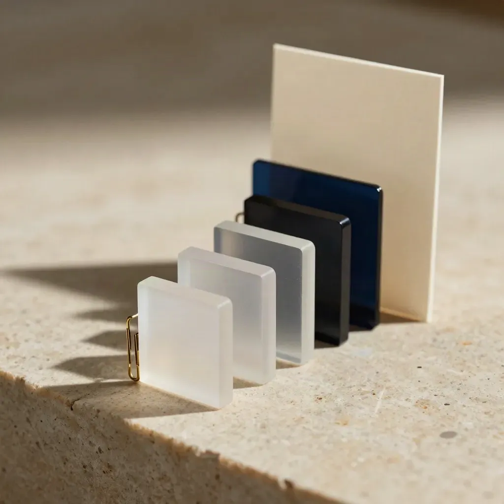 Translucent blocks, vellum sleeves and brass clips step across pale stone in a compact plan still life.