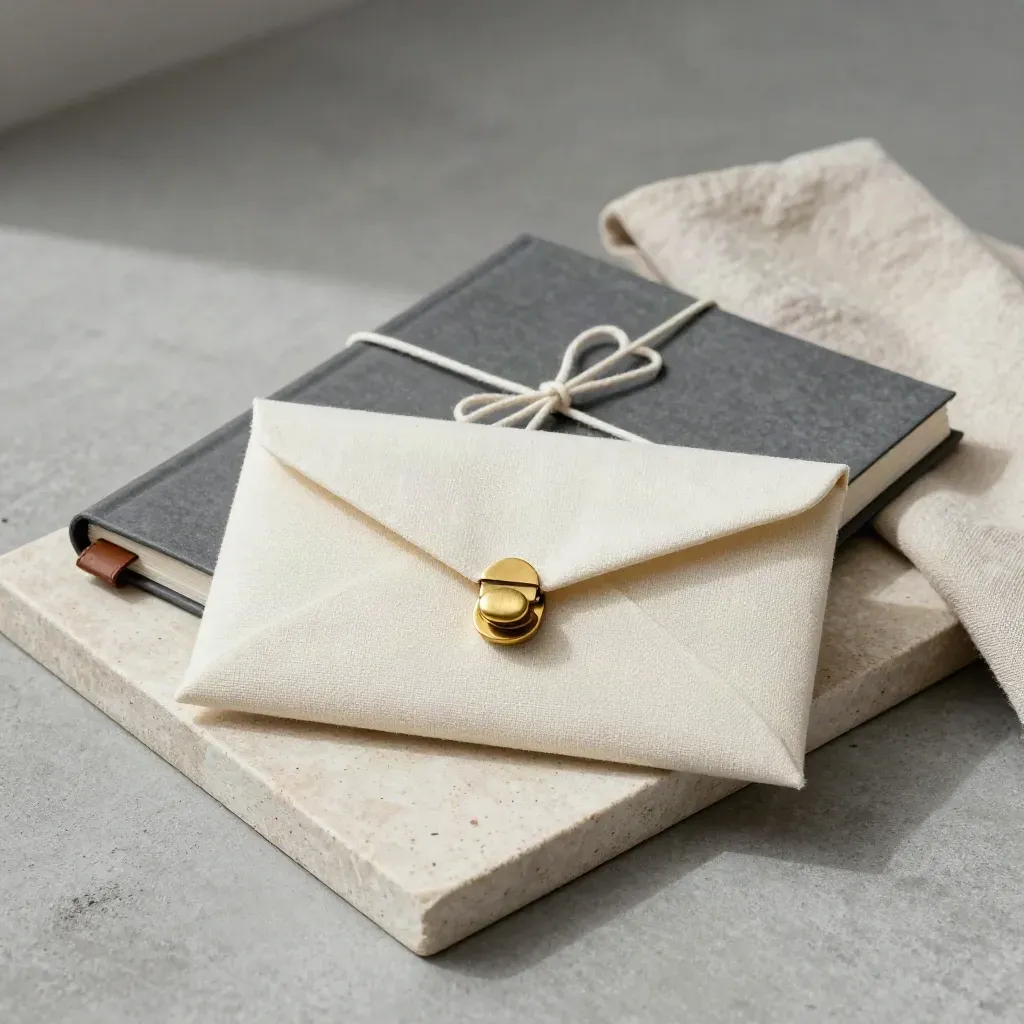 Brass-clasp folio and sealed pouch on stone tray with folded cloth