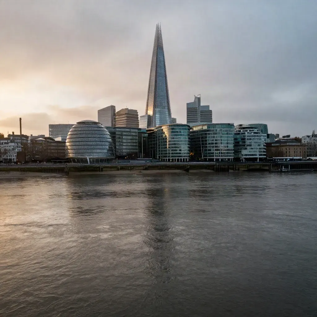 London skyline and the Thames at blue hour, with calm dark water and heavy haze.